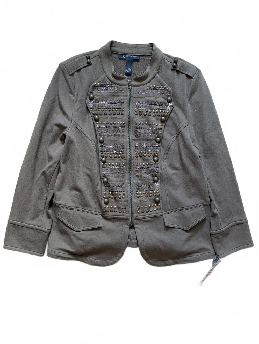 I.N.C. Utility Chic Studded Zip Front Military Jacket Womens 2XL Green